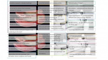 a collage of images of museum objects with text boxes describing some of the artist responses