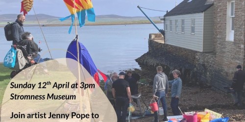Shoogly Holm Launch poster that reads: Shoogly Holm Floating Sculpture Launch Event. Sunday 12 April at 3pm th Stromness Museum Join artist Jenny Pope to launch the sculpture with cake, poetry, song and a toast. Shoogly Holm Floating Sculpture Launch Event Artecology StromnessMuseum, 52Albert St, StromnessKW16 3DH Tel: 01856 850025 / Email: custodian@stromnessmuseum.org.uk www.stromnessmuseum.org.uk 